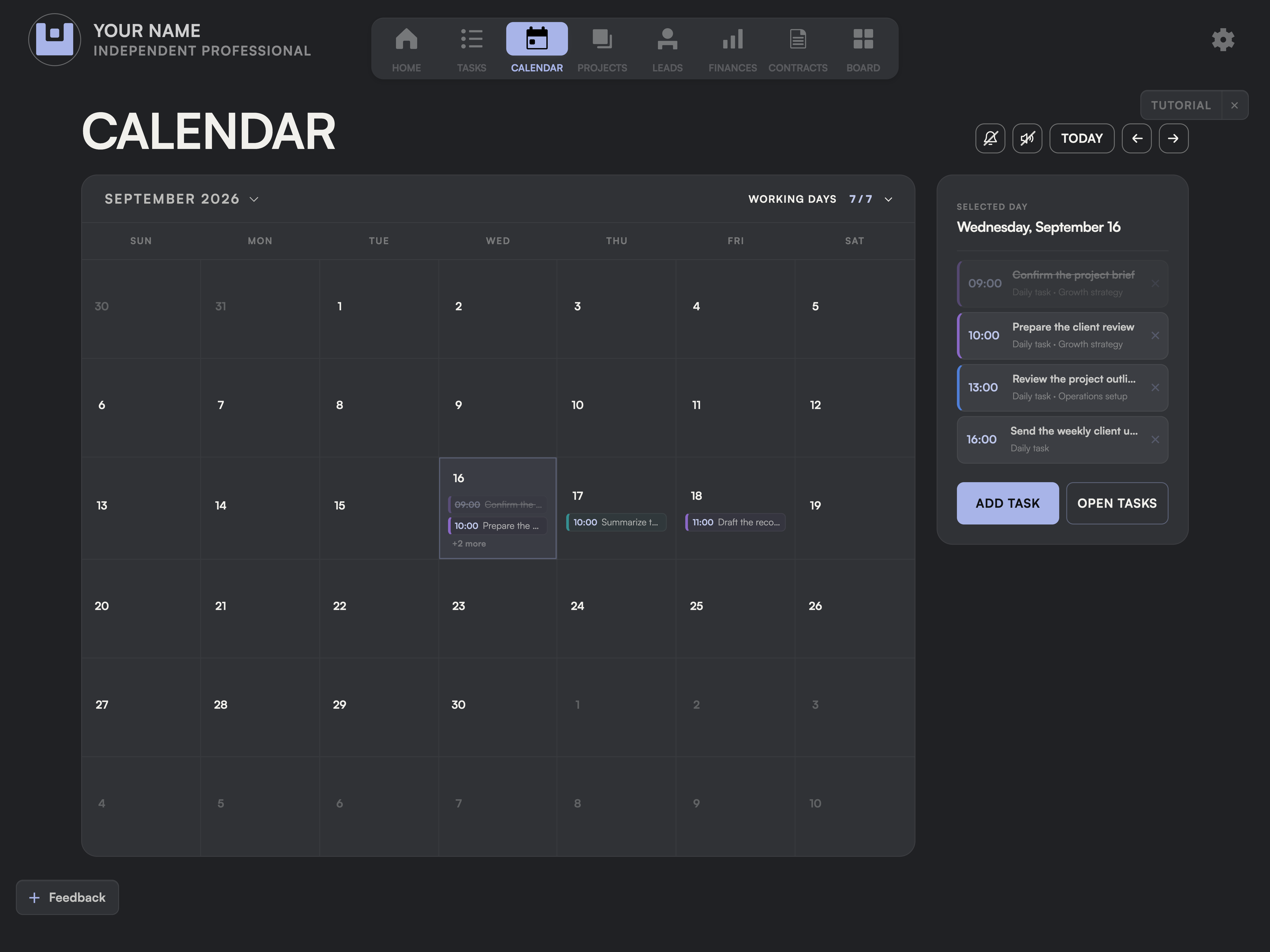 The Trinqet calendar showing project deadlines, scheduled tasks and the selected day in one view.