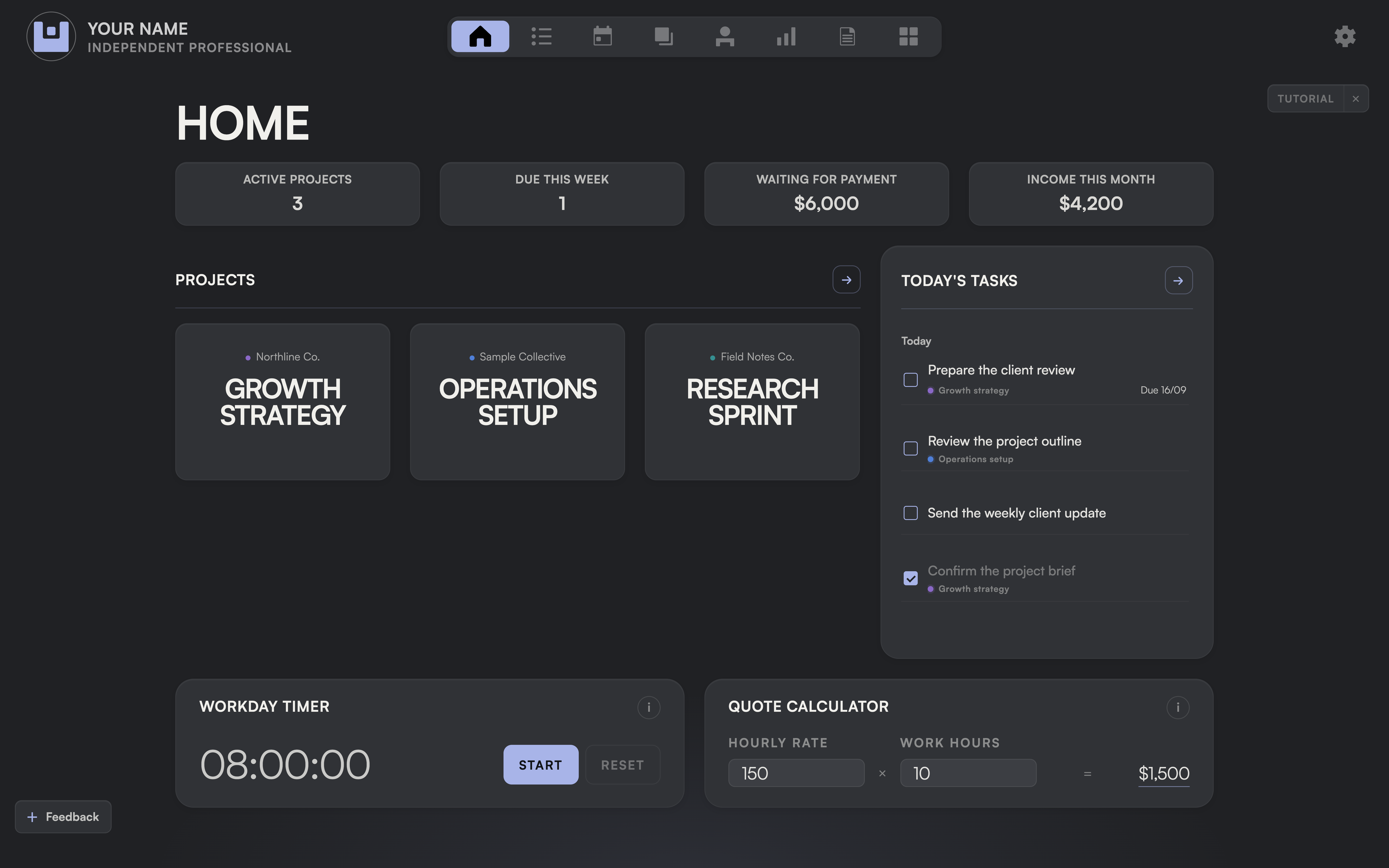 The full trinqet Home workspace, including navigation, projects, business overview and today’s tasks.
